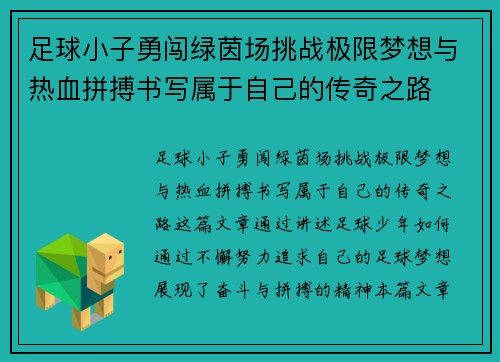 足球小子勇闯绿茵场挑战极限梦想与热血拼搏书写属于自己的传奇之路