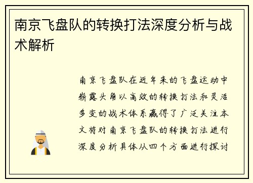 南京飞盘队的转换打法深度分析与战术解析